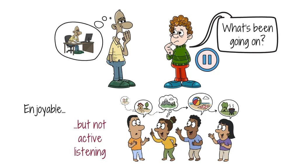 active-listening-group-conversation Illustration of a group conversation where people talk over each other instead of listening