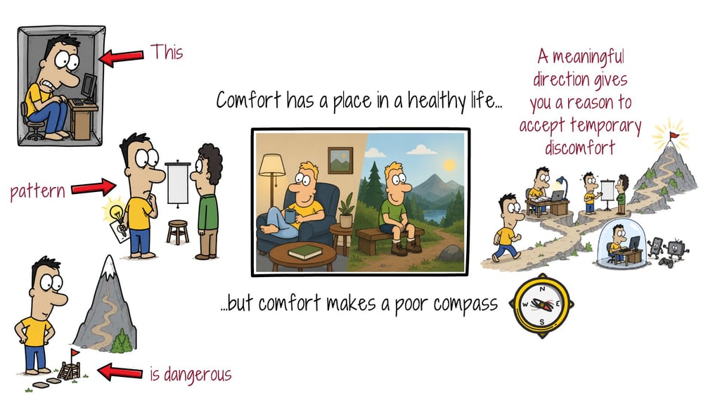 Illustration of comfort as a poor compass, with a meaningful direction making temporary discomfort worth accepting