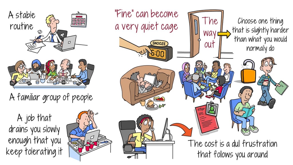 Illustration of a stable routine and a draining job becoming a quiet cage, with the way out being one slightly harder choice