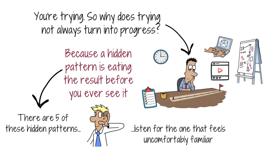 Illustration asking why trying does not turn into progress, because a hidden pattern eats the result first