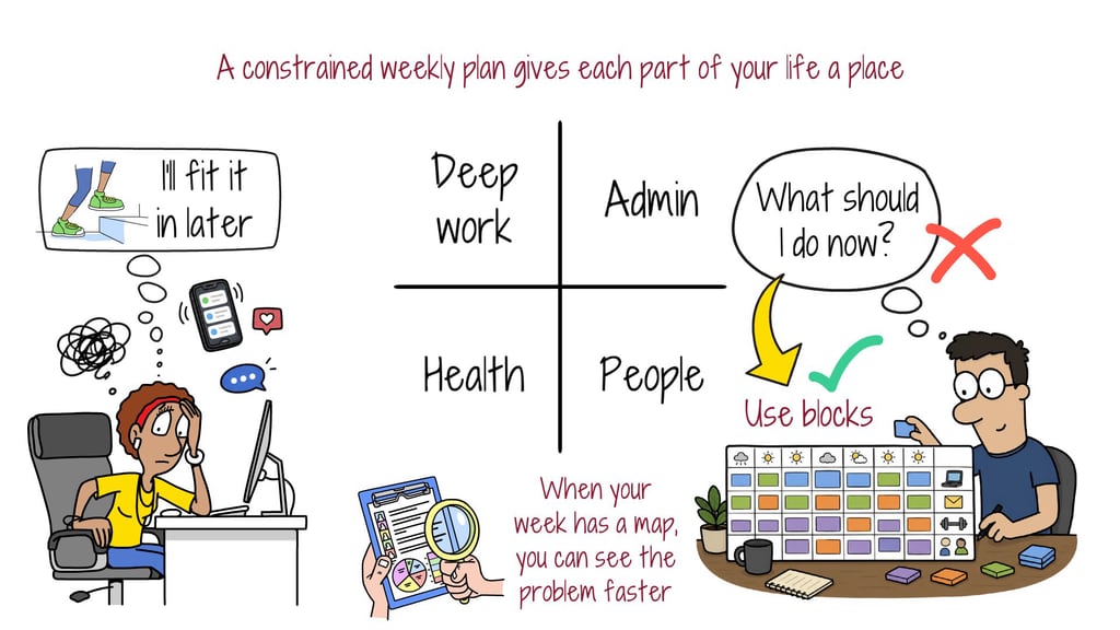 plan-your-week-with-constraints Illustration of a weekly plan with blocks for deep work, admin, health, and people