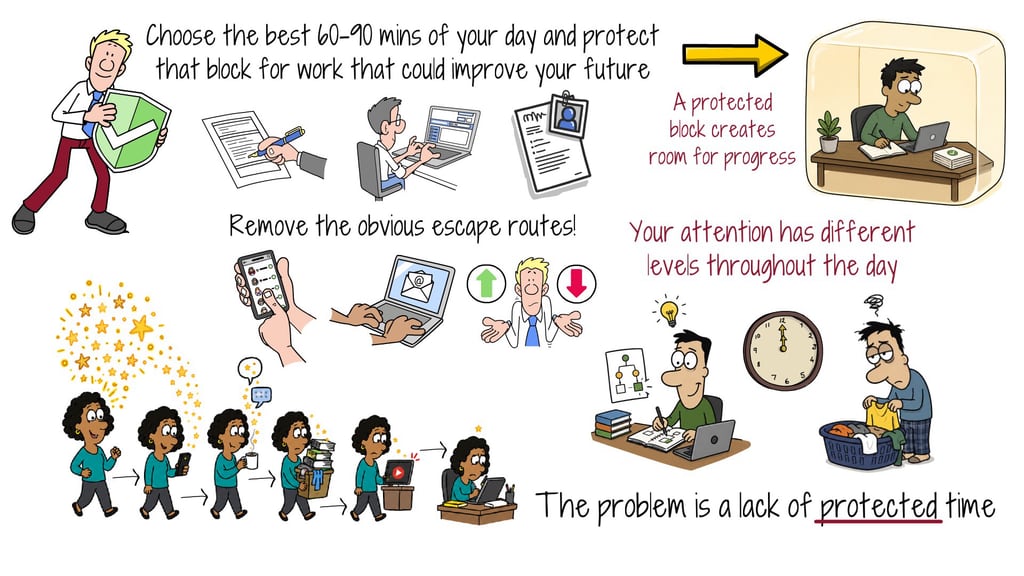 Illustration of protecting a 60 to 90 minute block for future-building work by removing phones, inbox, and other escape routes
