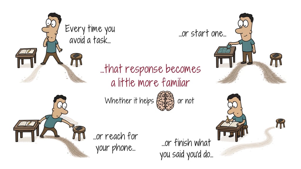 Illustration of how avoiding a task, starting one, reaching for a phone, or finishing work each makes that response more familiar