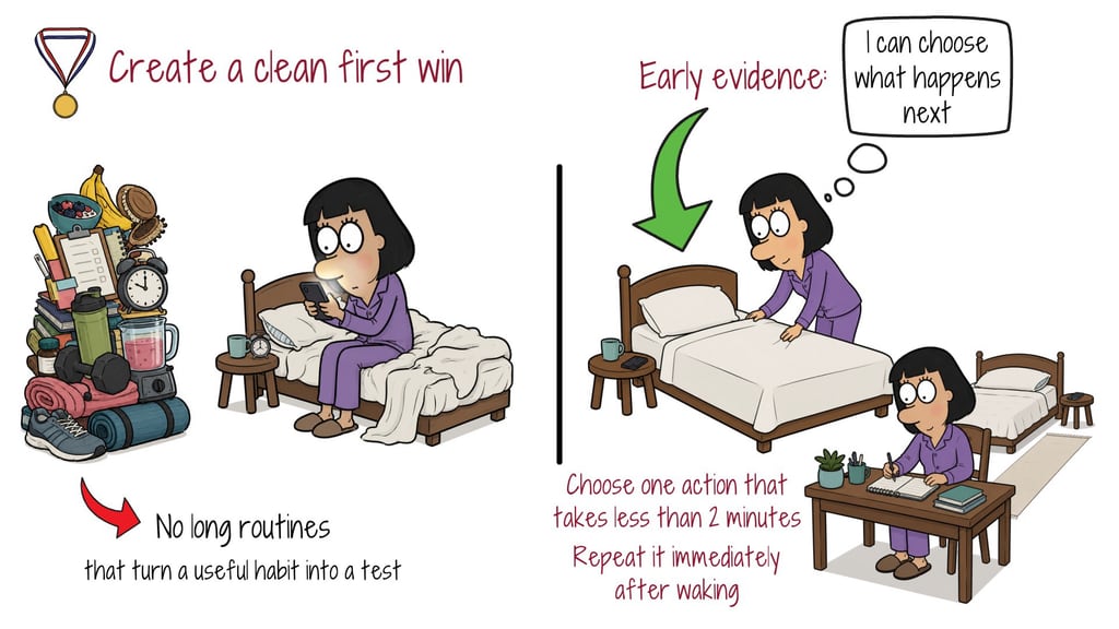 Illustration contrasting an overloaded morning routine with one two-minute first win after waking