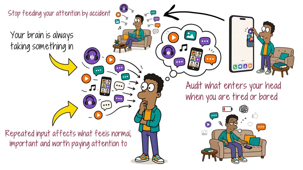 Illustration of auditing what enters your head when you are tired or bored so attention is not fed by accident