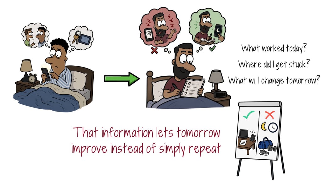 Illustration of replacing late-night scrolling with three short review questions before bed