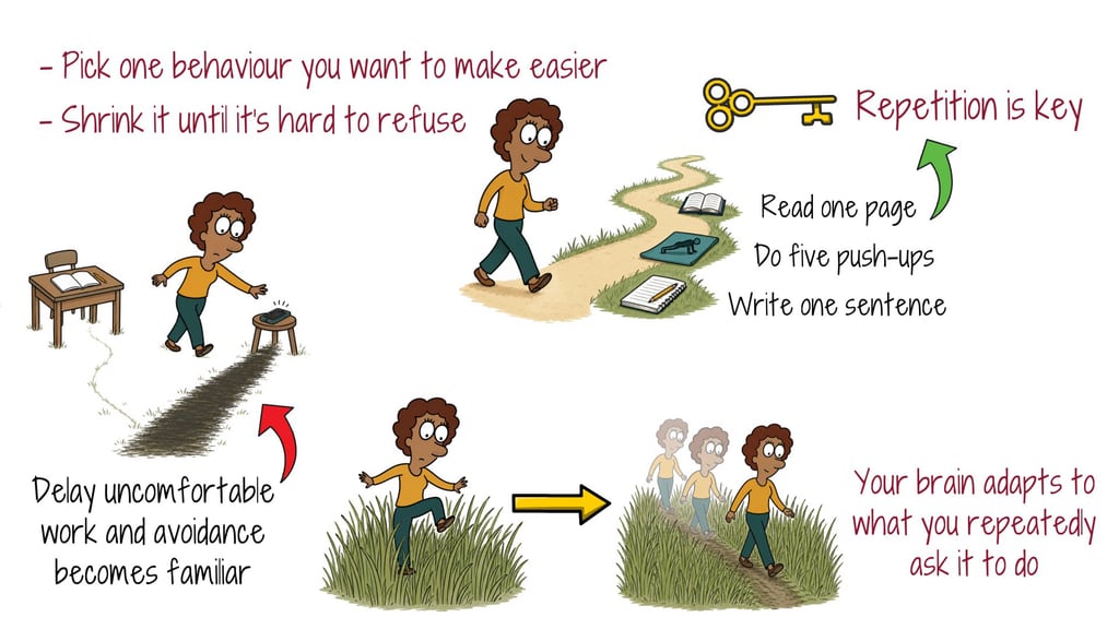 Illustration of shrinking a behaviour until it is hard to refuse, and how a worn trail forms through repetition