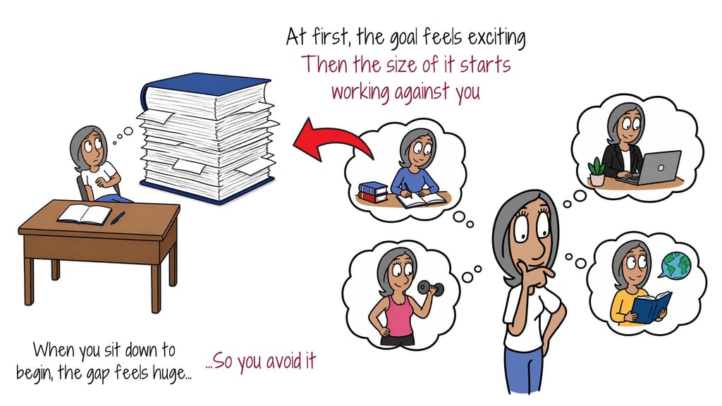 tiny-habits-goal-gap-feels-huge Illustration of a large goal feeling too heavy to start, and why a tiny first step closes the gap