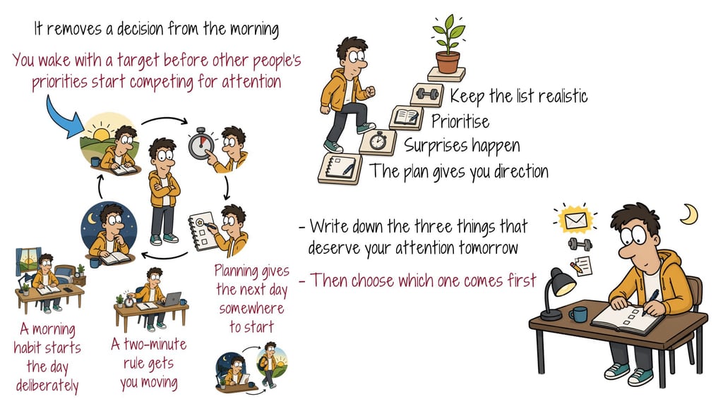 Illustration of writing three priorities for tomorrow and choosing which one comes first