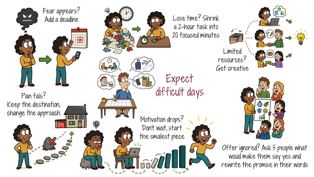 expect-difficult-days Illustration of backup moves for a failed plan, lost time, fear, limited resources, and a drop in motivation