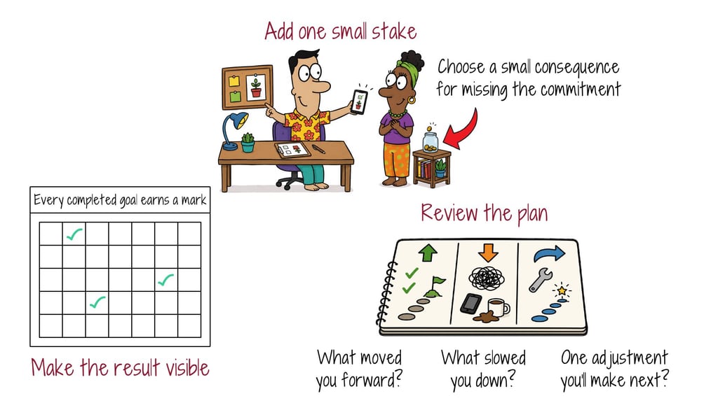 make-progress-visible Illustration of a visible scoreboard, a small stake, and a weekly review of what to adjust next