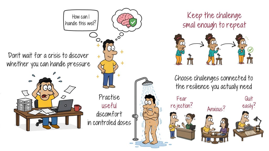 Illustration of practising useful discomfort in a controlled dose instead of waiting for a crisis