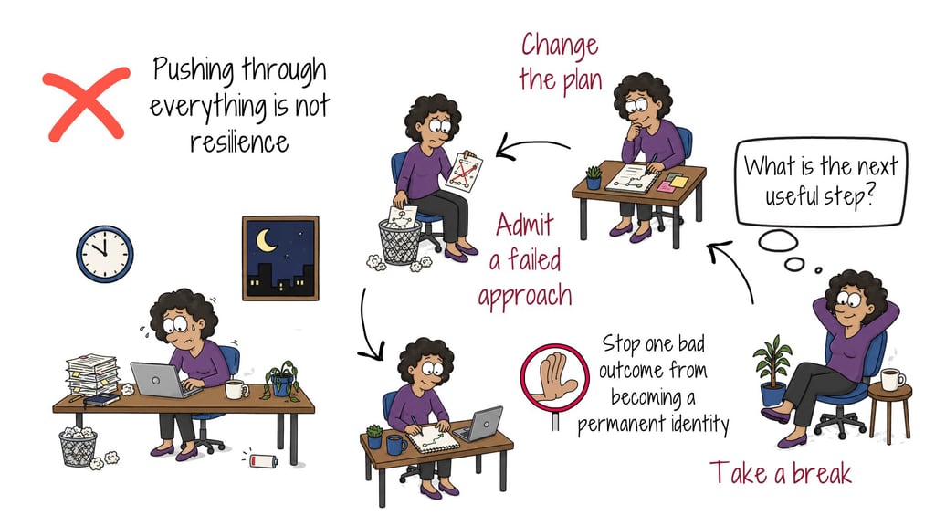 Illustration of a cracked compass: pushing through everything is not the same as resilience