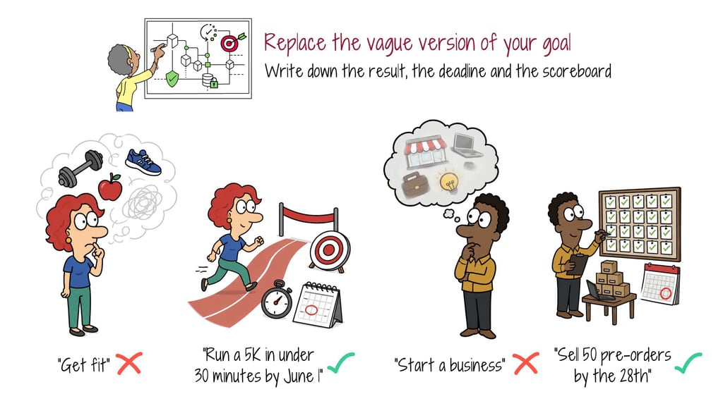 replace-the-vague-goal Illustration comparing vague goals such as get fit with specific targets that include a deadline and a scoreboard