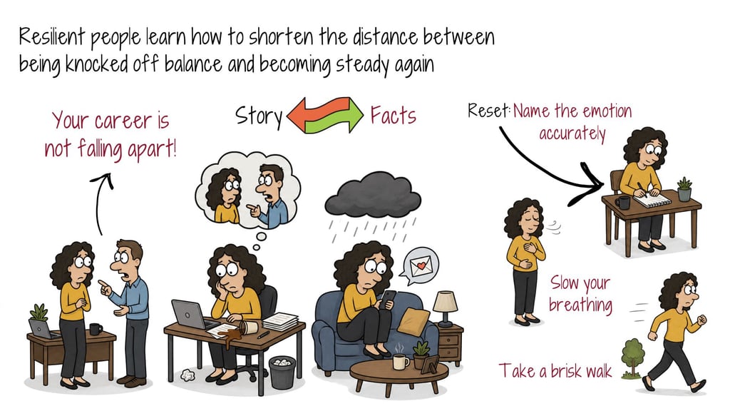 Illustration of a reset after a setback: a walk, slow breathing, and writing down what happened