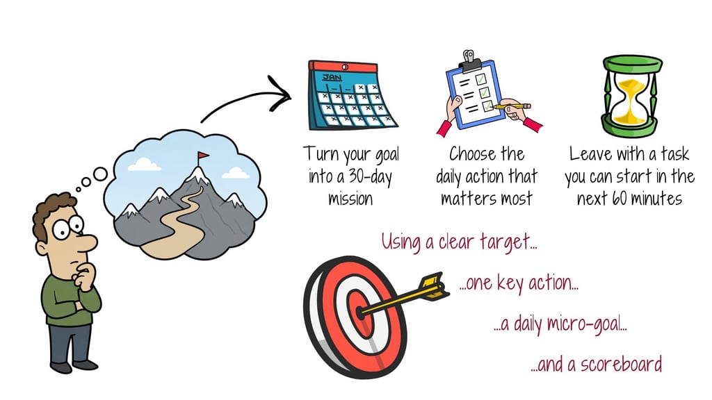 thirty-day-mission-and-scoreboard Illustration of turning a distant goal into a 30-day mission with one key action, a micro-goal, and a scoreboard