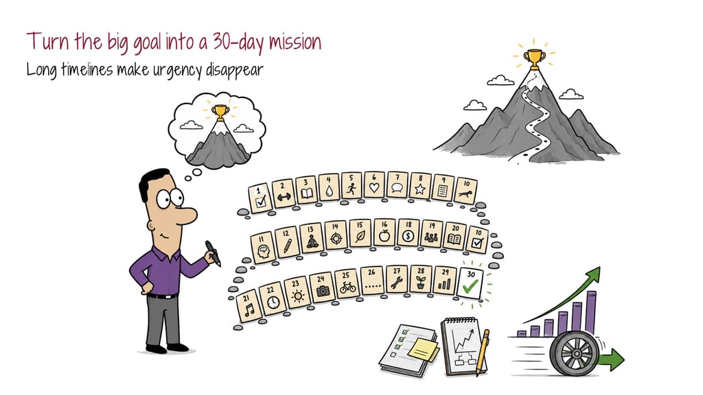 turn-the-goal-into-a-30-day-mission Illustration of a 30-day mission path that keeps a distant goal from losing urgency