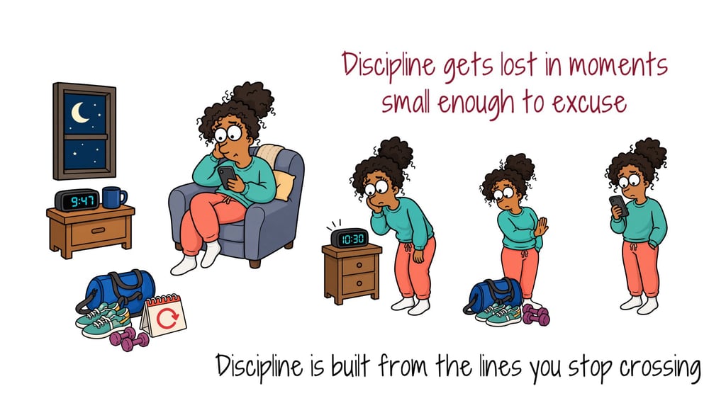 Illustration of discipline getting lost in small late-night excuses while the gym bag stays on the floor