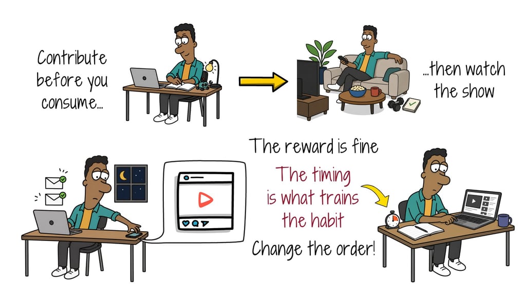 Illustration of contributing before consuming so entertainment follows progress instead of replacing it