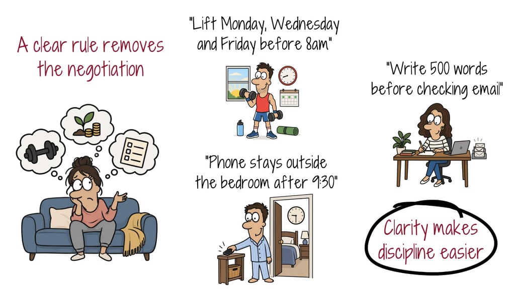 Illustration of replacing vague goals with clear rules that remove nightly negotiation