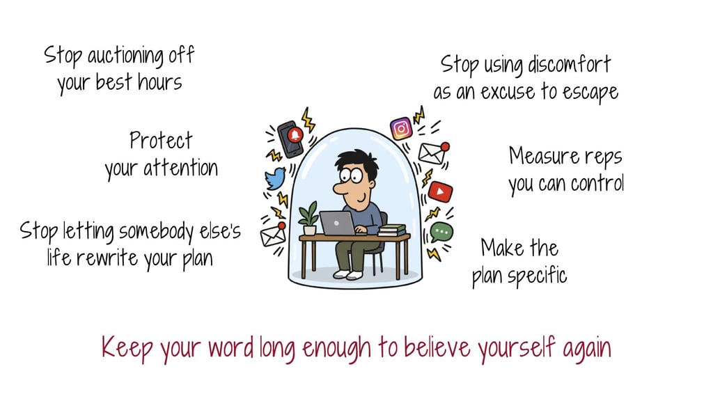 Illustration of protecting attention inside a focus bubble while distractions bounce off