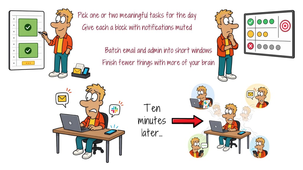 Illustration of focusing on one or two meaningful tasks instead of letting notifications scatter attention